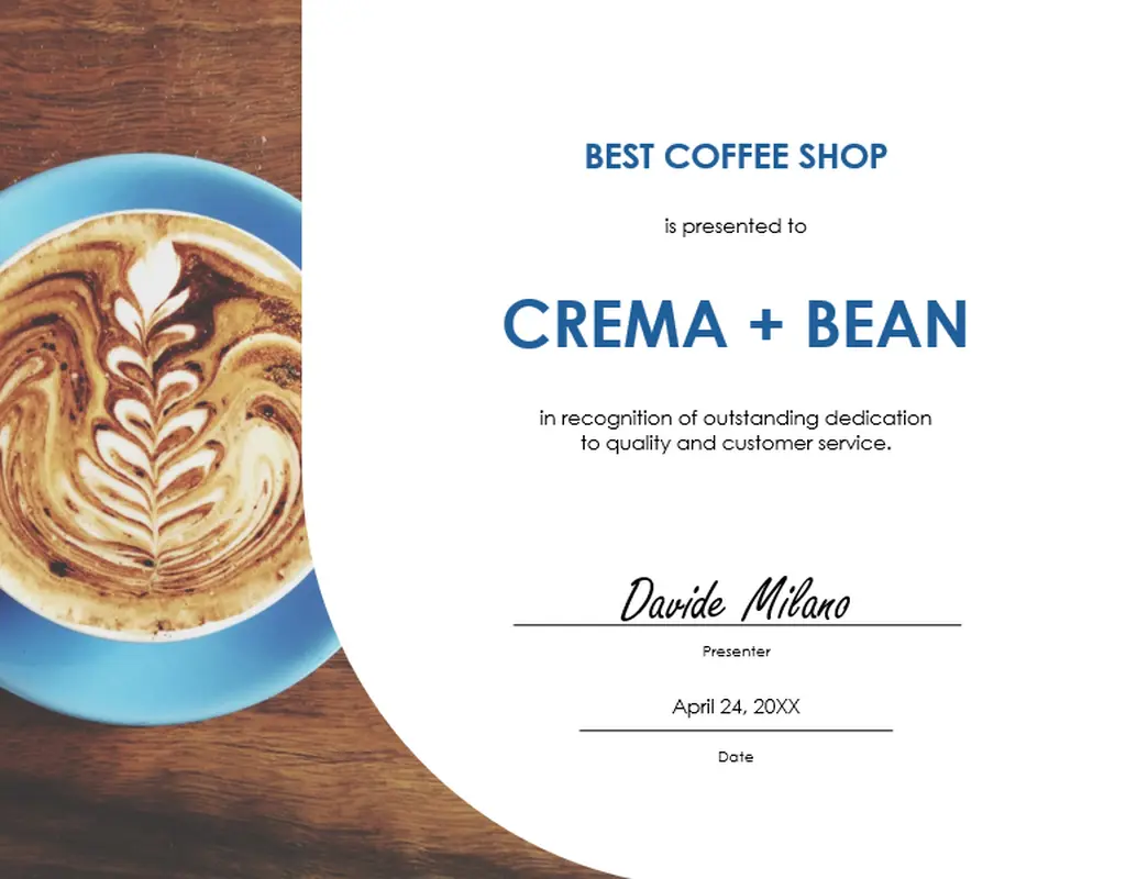 Best coffee shop award certificate